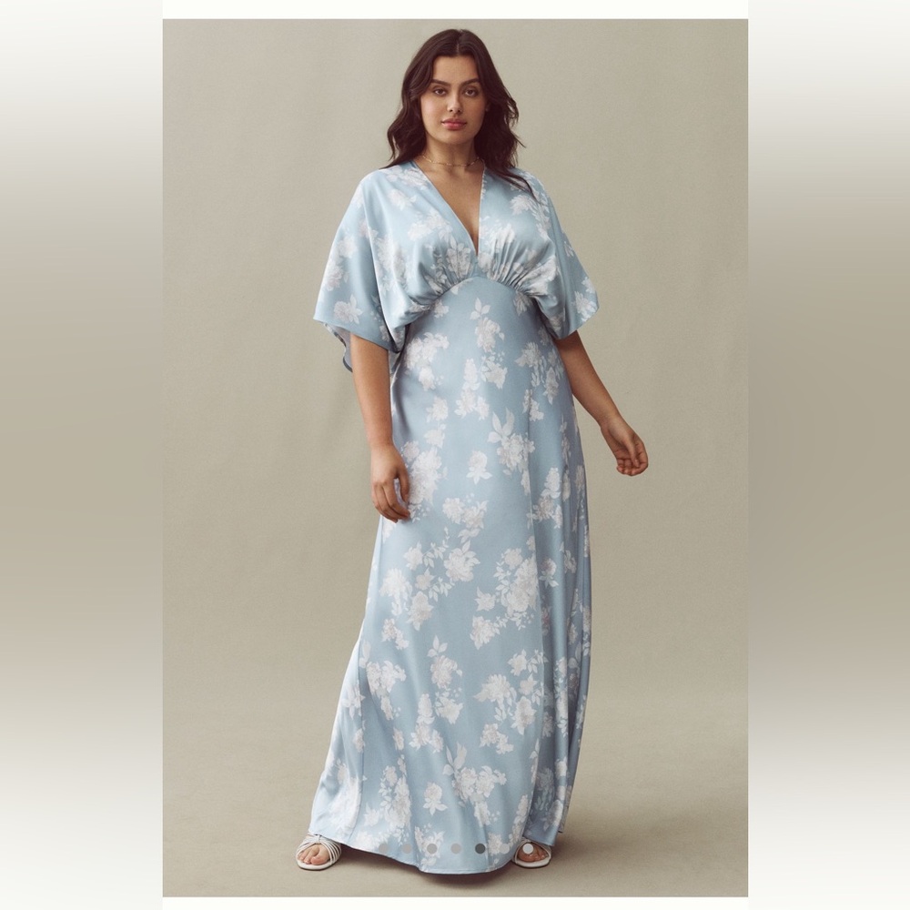 BHLDN Deep V-Flutter Sleeve Satin A-Line Gown